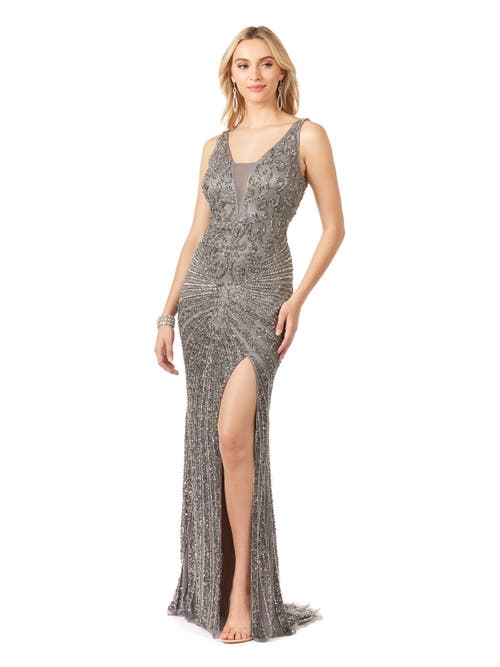 Shop Lara New York Thigh High Slit Beaded Gown In Grey