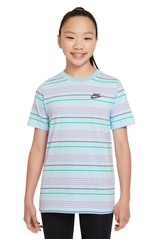 Shop Nike Kids' Sportswear Stripe Cotton Logo T-shirt In Glacier Blue/ashen Slate