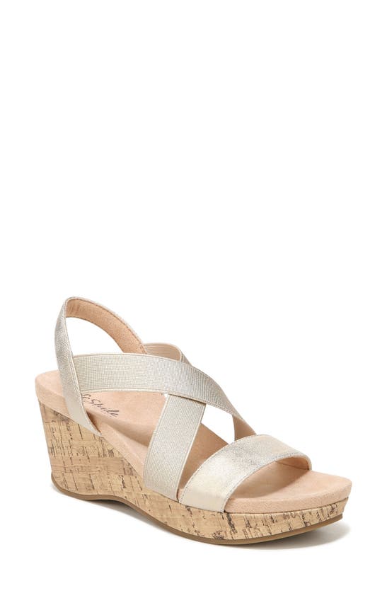 Lifestride Delta Platform Wedge Sandal In Gold Faux Leather/fabric