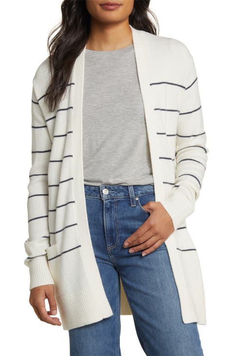 Lucky Brand, Sweaters, Lucky Brand Striped Openfront Cardigan Gray Fridge  Hem One Size