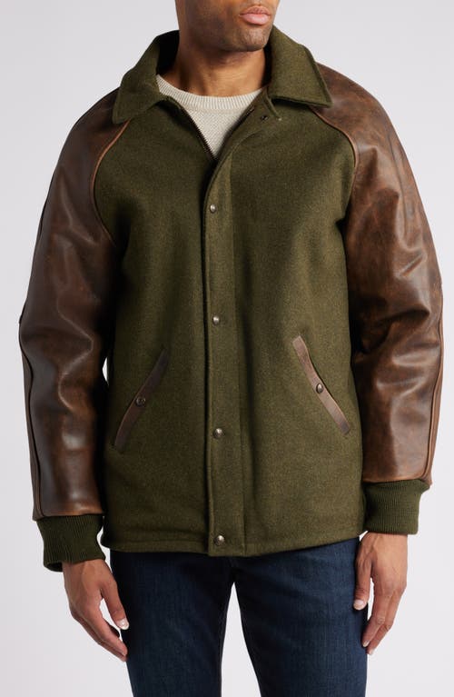 Shop Schott Nyc Wool Blend & Leather Coaches Jacket In Olive