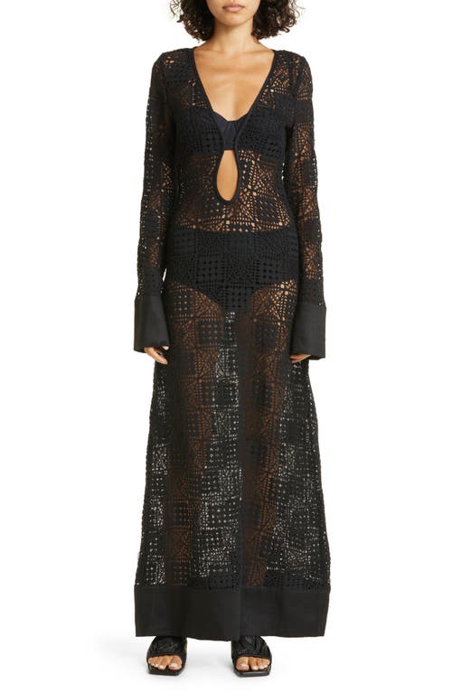 SIR Rayure Crochet Long Sleeve Maxi Dress in Black Crochet