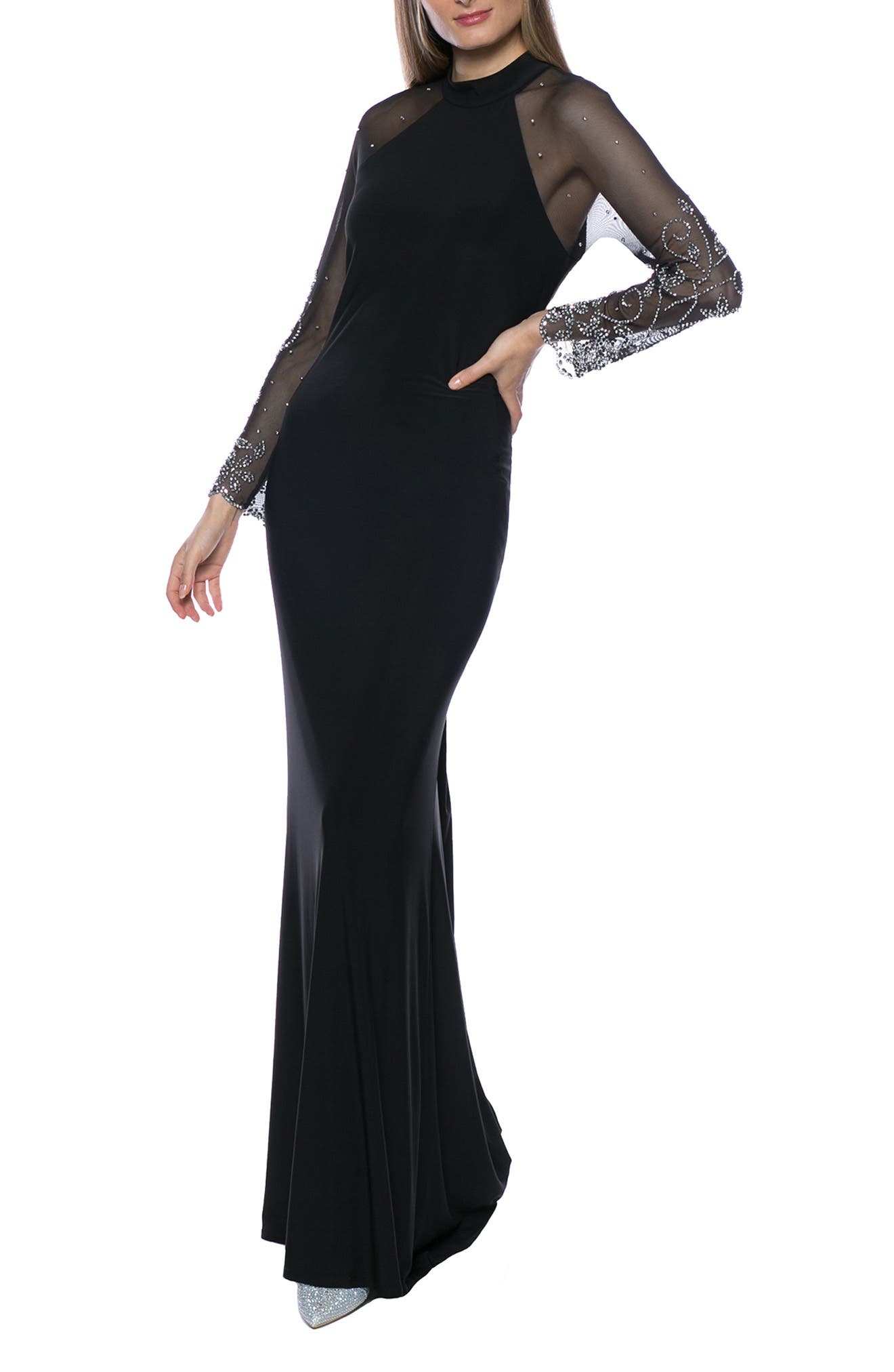 Marina Raglan Beaded Mesh Long Sleeve Crew Neck Matte Jersey Sheath Gown, Womens, 6, Black