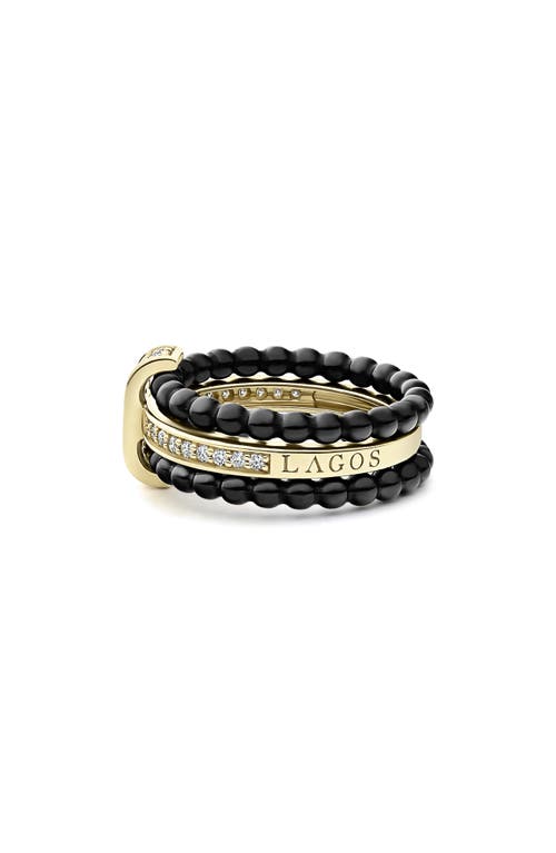 Lagos Meridian 18k Yellow Gold & Ceramic Caviar Diamond Stack Ring In Gold/black