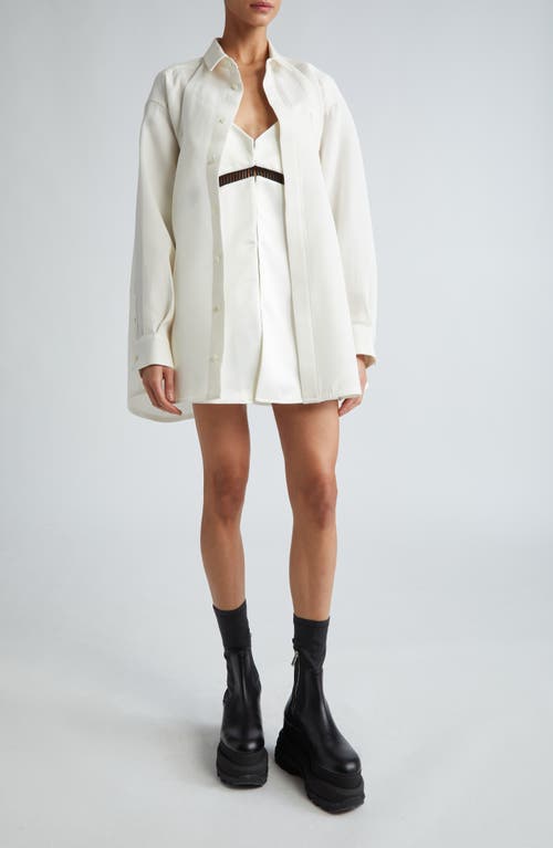 Long Sleeve Double Face Silk & Cotton Mini Shirtdress in Off White