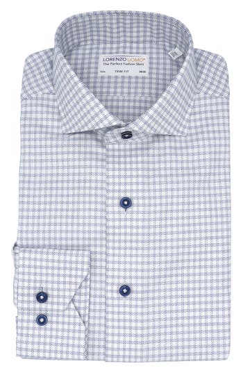 Shop Lorenzo Uomo Trim Fit Textured Windowpane Pattern Dress Shirt In White/blue