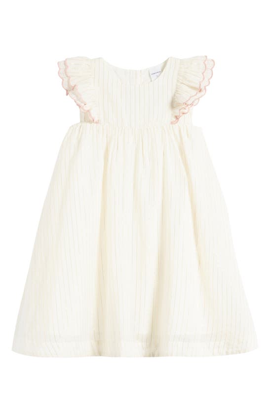 Shop Nordstrom Kids' Metallic Stripe Flutter Sleeve Cotton Dress In Ivory Egret