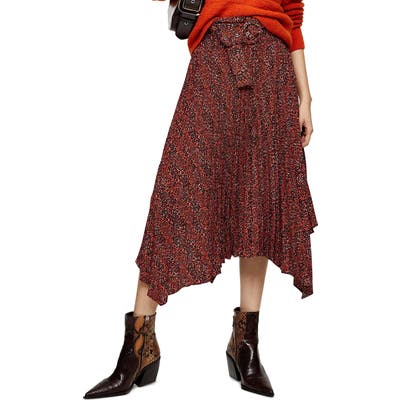 Topshop Tiny Leopard Pleated Belted Midi Skirt, US - Red
