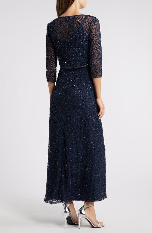 Pisarro Nights Beaded Sequin Gown With Bolero In Navy