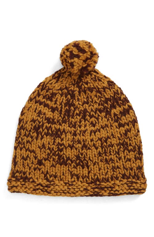 Bode Cluckow Wool Beanie with Pom in Brown Yellow