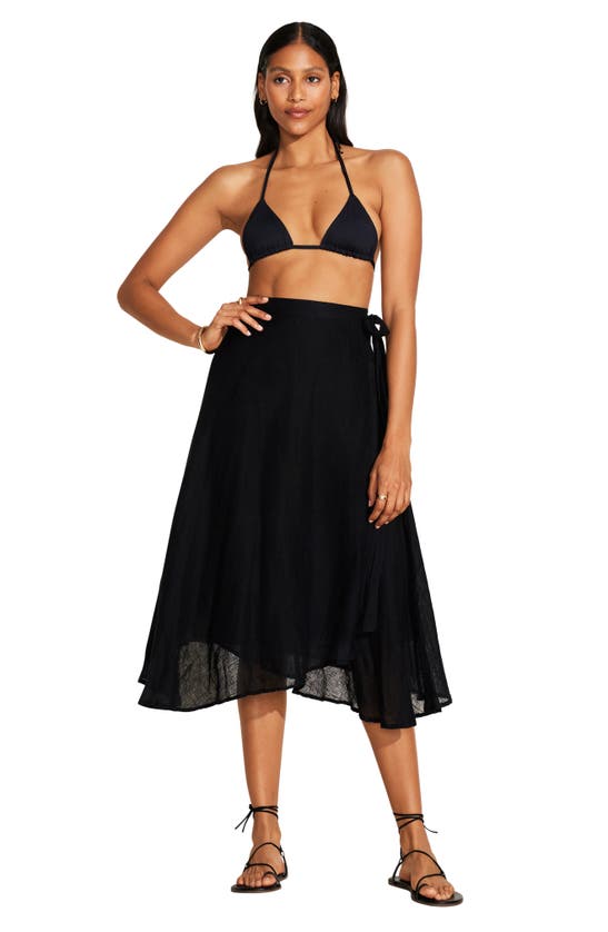 Shop Vitamin A ® Lana Linen Cover-up Wrap Midi Skirt In Black Eco Linen