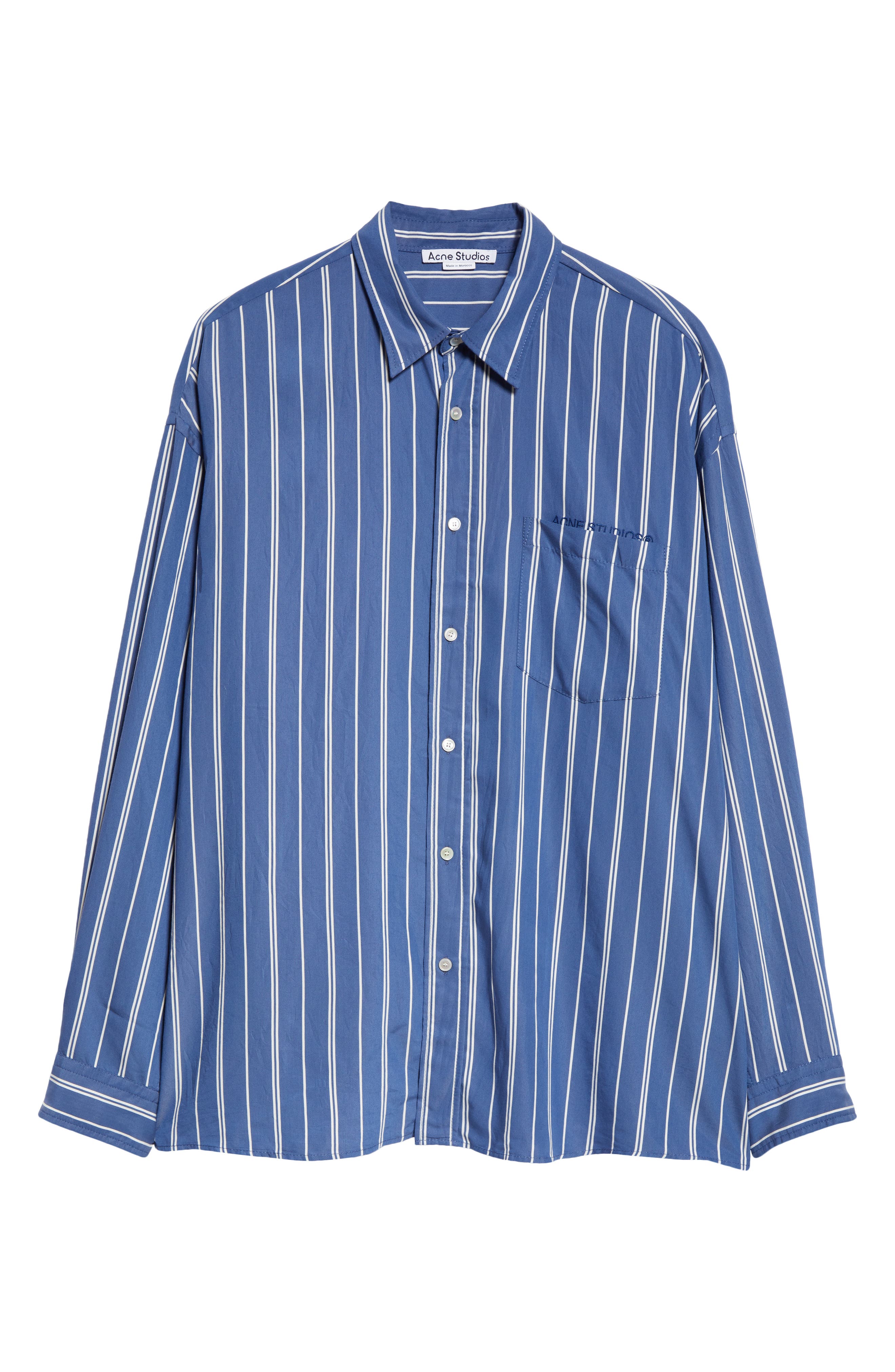 Acne Studios Stripe Logo Embroidered Button-Up Shirt in Mid Blue