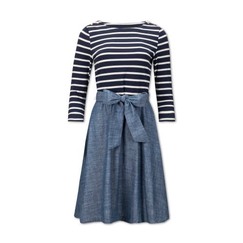 Shop Hope & Henry French Jersey Skater Dress In Navy And White With Chambray