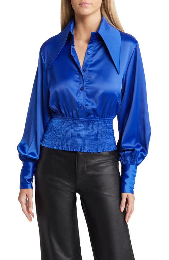 Amy Lynn Smocked Waist Satin Shirt In Blue