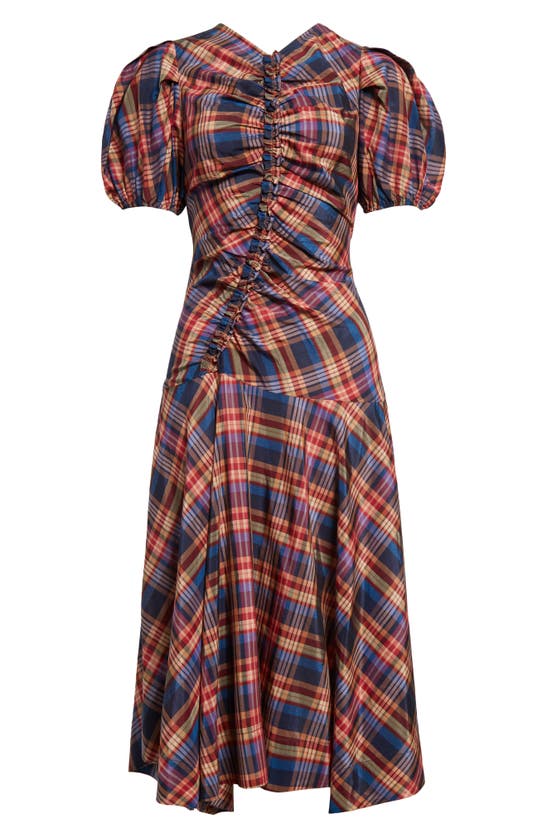 Shop Ulla Johnson Heleen Plaid Short Sleeve Cotton & Silk Midi Dress In Lapis
