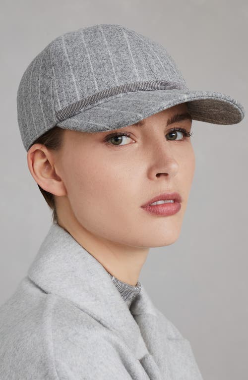 Shop Brunello Cucinelli Chalk Stripe Virgin Wool Flannel Baseball Cap With Shiny Band In Light Grey