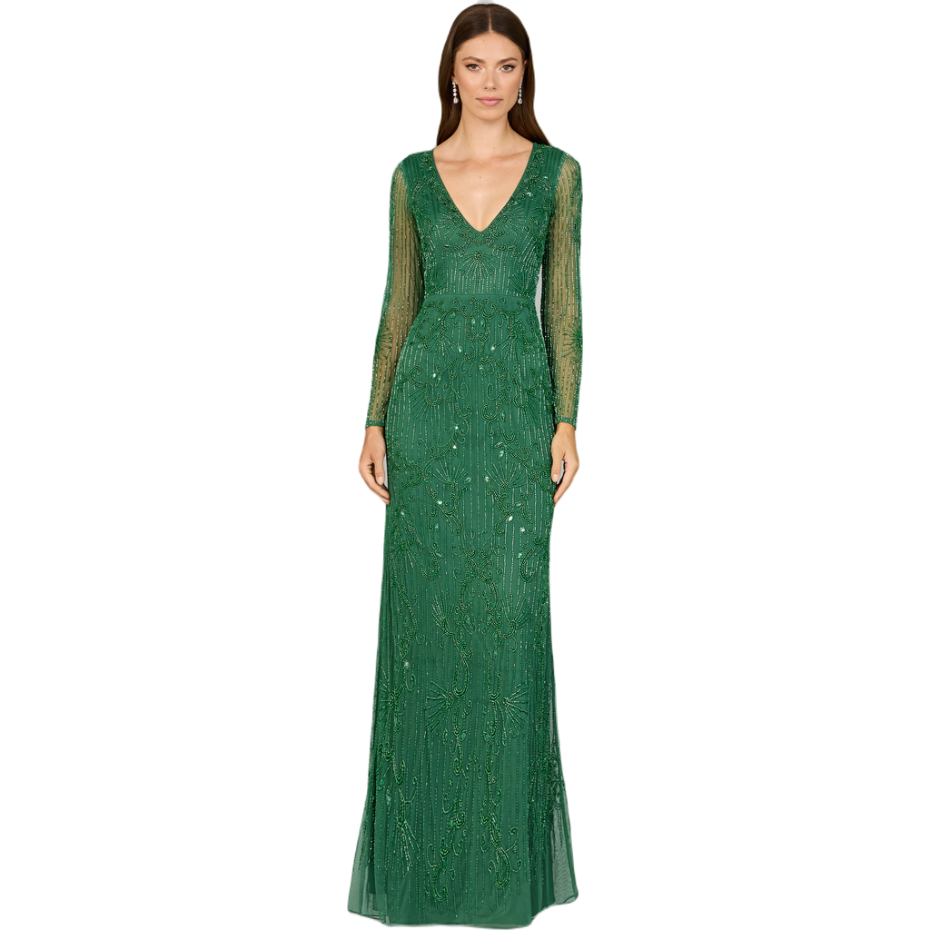 Lara New York -elegant Long Sleeve Beaded Gown In Forestgreen