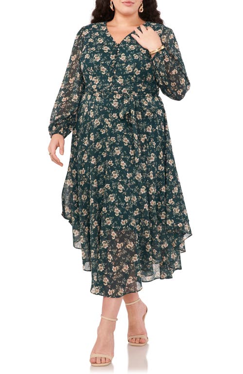 Vince Camuto Floral Long Sleeve Handkerchief Hem Dress in Deep Forest at Nordstrom, Size 1X