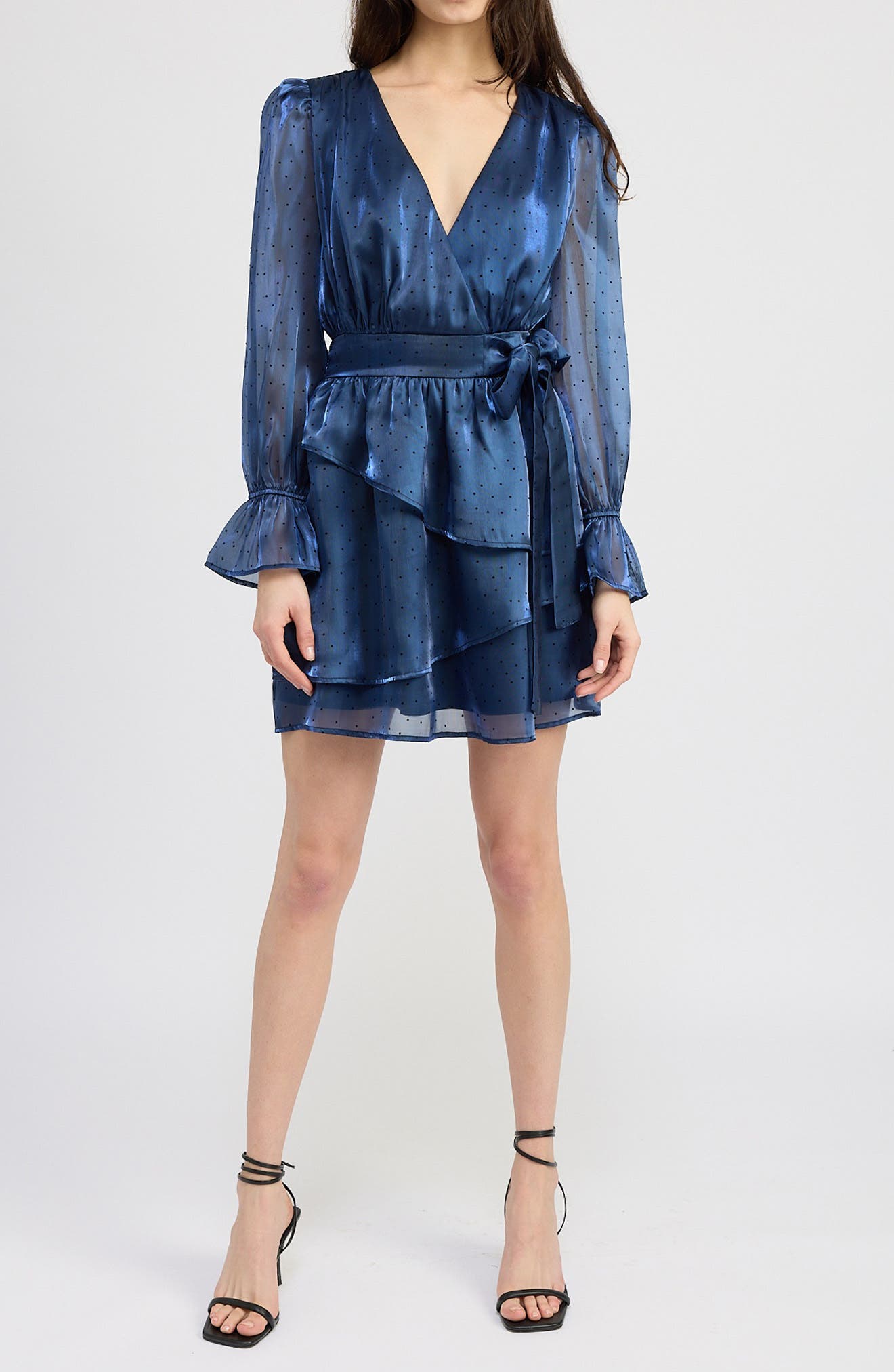 En Saison Mina Dot Print Ruffle Detail Long Sleeve Minidress in Navy Black 