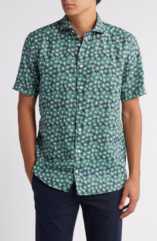 Slim Fit Kiwi Print Short Sleeve Linen Button-Up Shirt in Medium Green