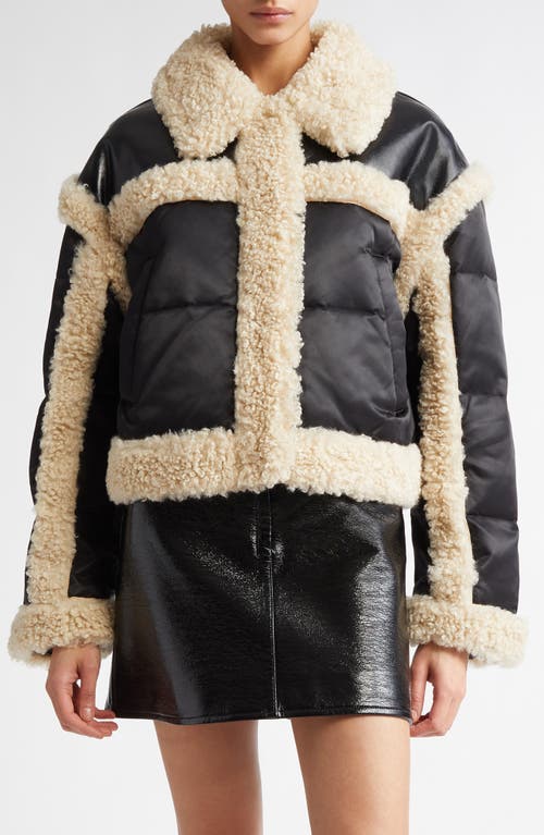 Stand Studio Mary Recycled Down Puffer Jacket with Faux Shearling Trim in Black/Natural White 