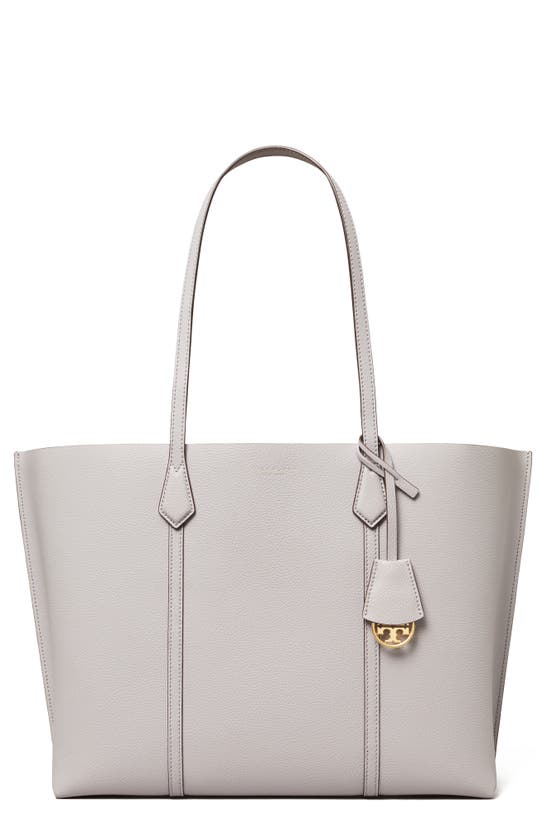 Tory Burch Perry Triple Compartment Leather Tote In Bay Gray/rolled Brass