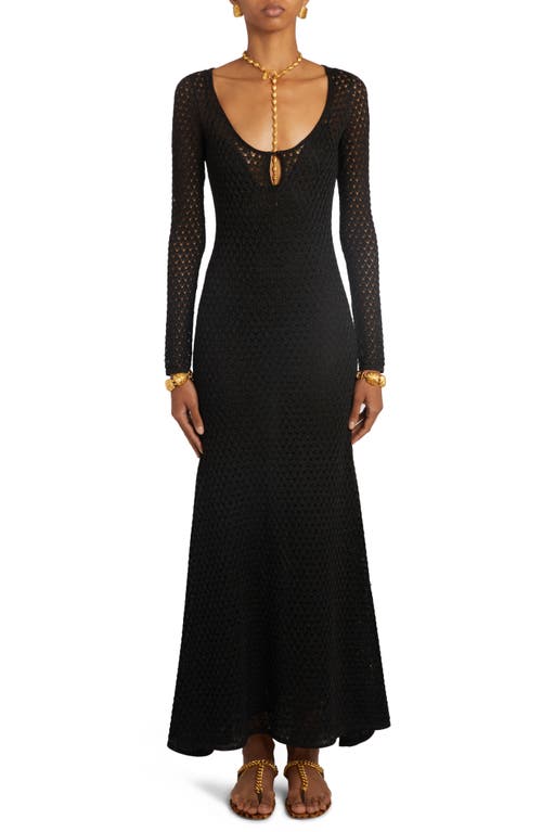 TOM FORD Metallic Openwork Long Sleeve Sweater Dress Black at Nordstrom,