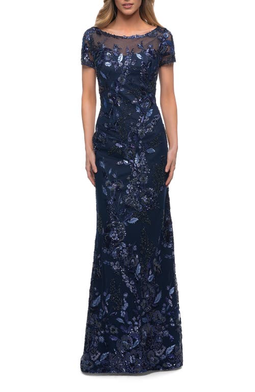 La Femme Beaded Floral Short-sleeve Gown With Sheer Neckline In Navy