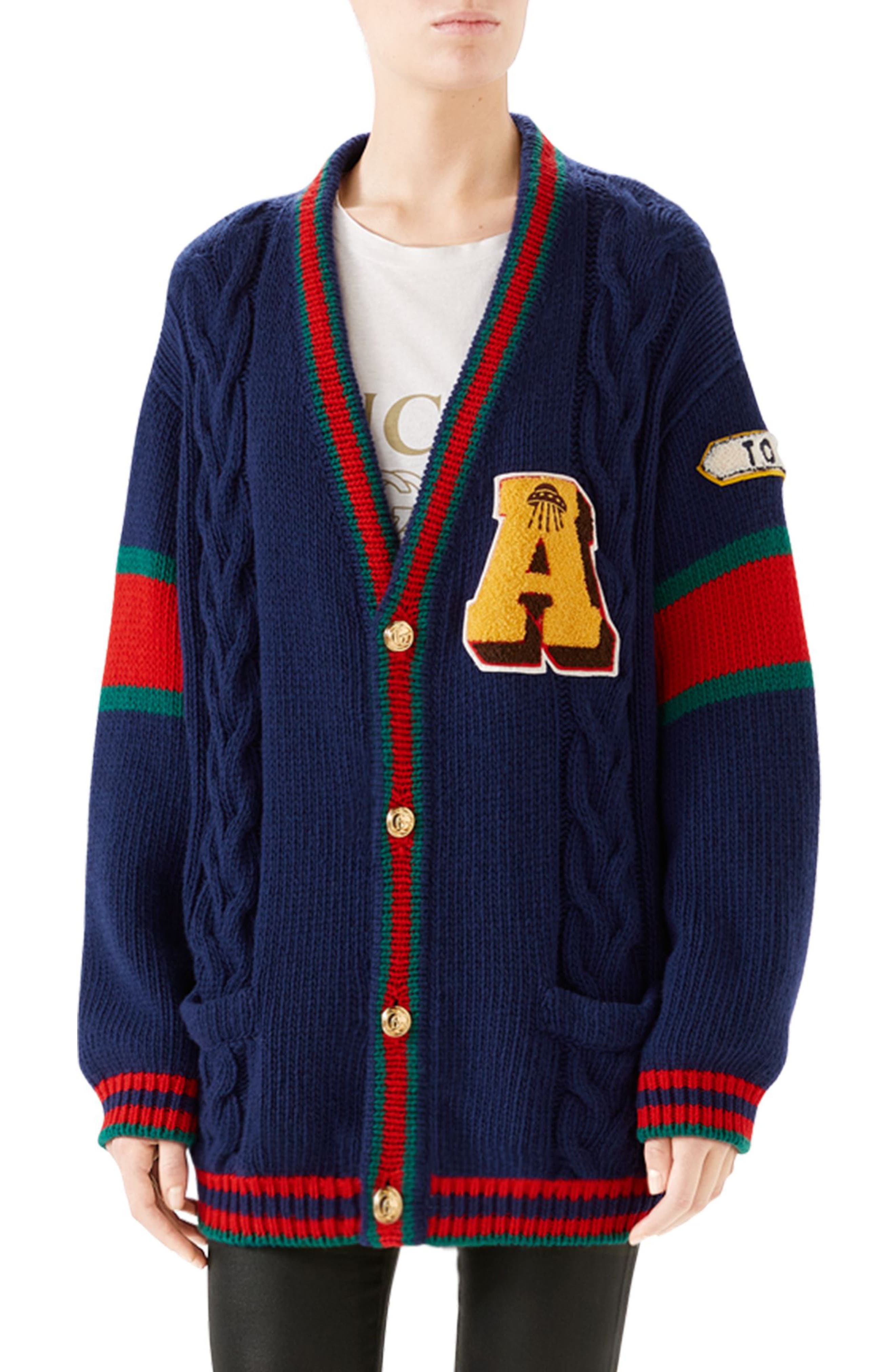 Gucci Wool Cable Knit Varsity Cardigan 