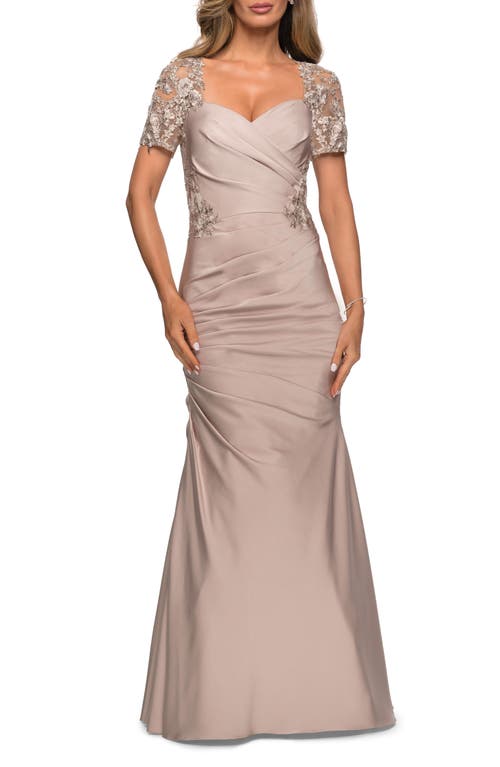 Shop La Femme Satin Evening Dress With Lace And Scoop Neckline In Frost Rose