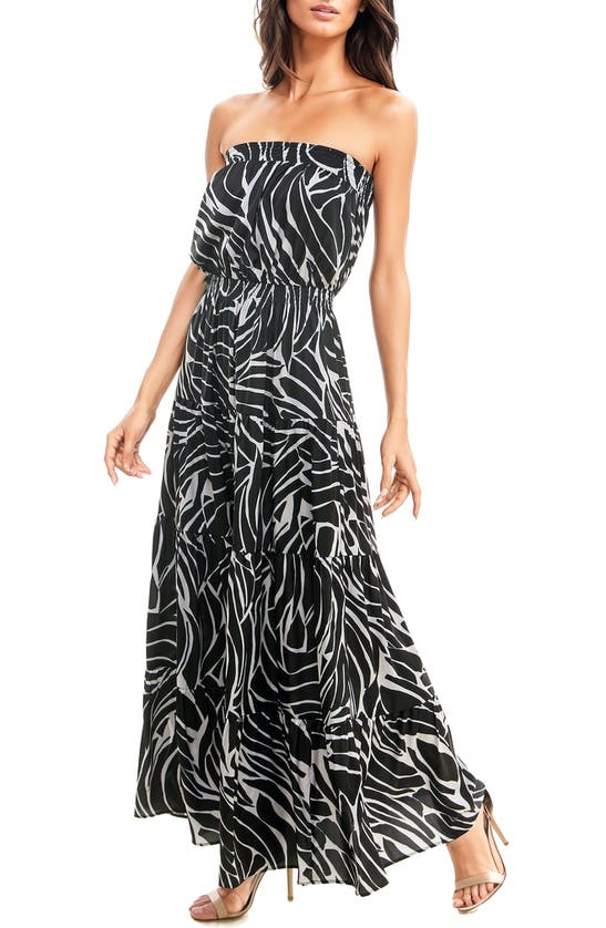 Shop Socialite Print Strapless Maxi Dress In Black/ Tan