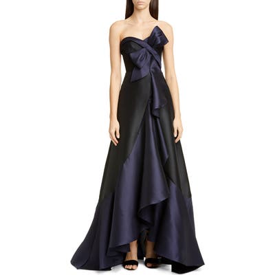 Marchesa Notte Strapless Mikado High/low Gown, Black