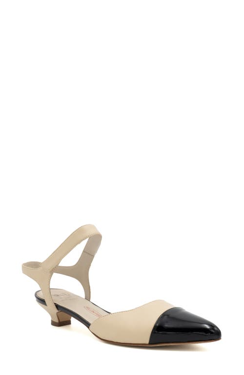Aosta Ankle Strap Pointed Cap Toe Pump in New Sand Parm/Black Patent