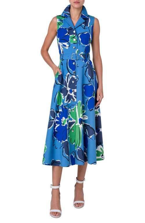 Akris Abraham Floral Print Sleeveless Shirtdress Denim-Leaf at Nordstrom,