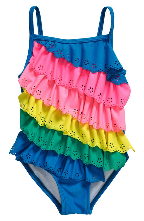 Shop Flapdoodles Kids' Ruffle Colorblock One-piece Swimsuit In Blue/ Pink Multi