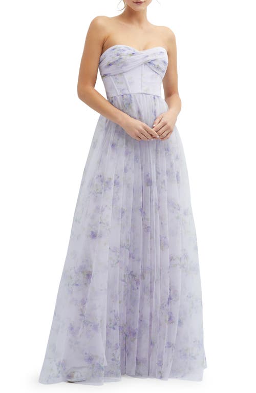 Floral Print Strapless Tulle in Lilac Haze Garden