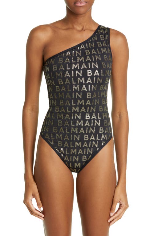 Balmain Glitter Logo One-Shoulder One-Piece Swimsuit in Black/Gold