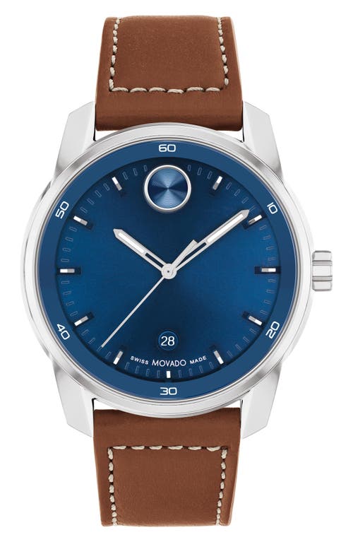 Movado Bold Verso Leather Strap Watch, 42mm in Blue at Nordstrom