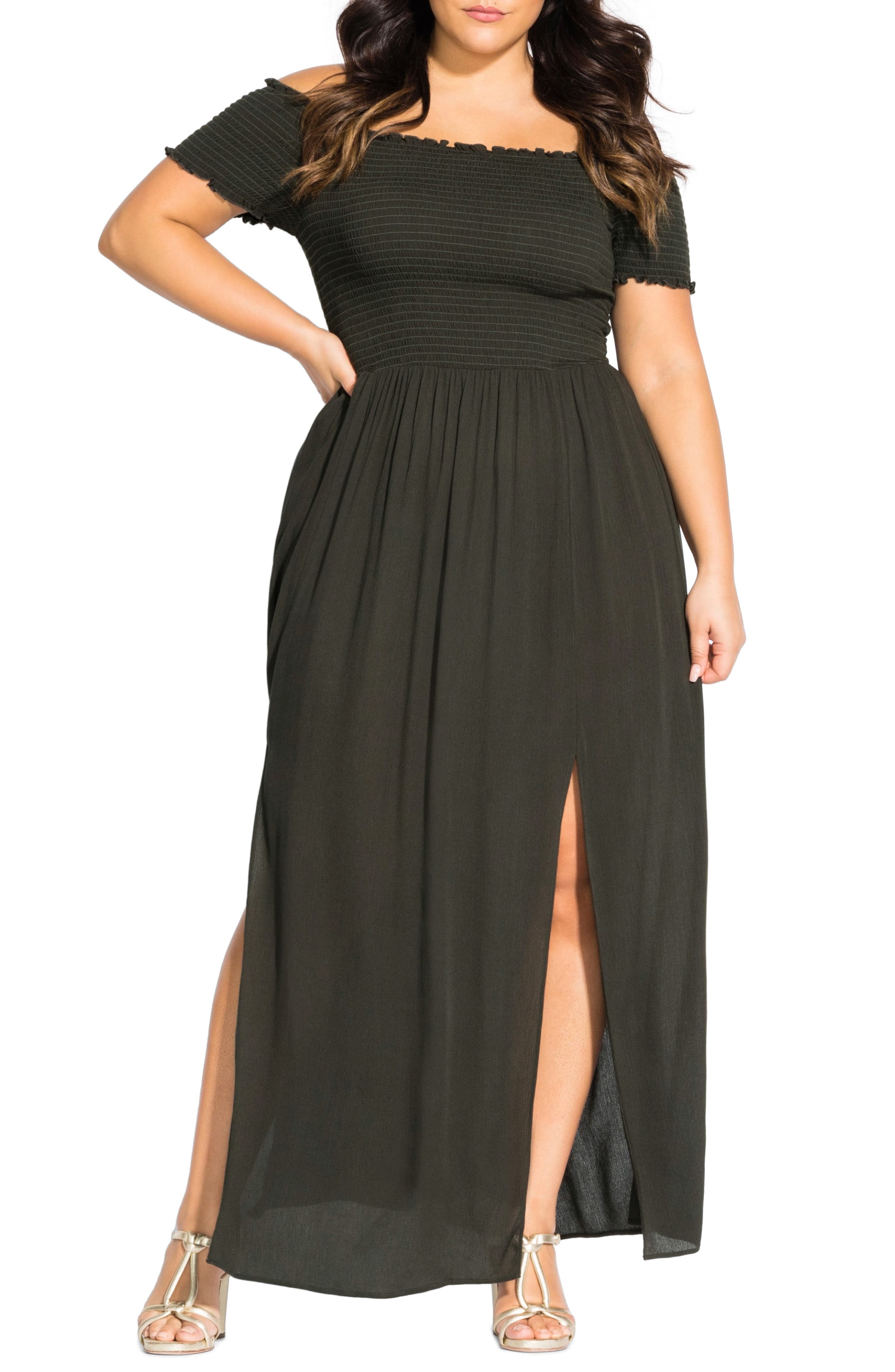 Plus Size City Chic Summer Passion Off The Shoulder Maxi Sundress, Green