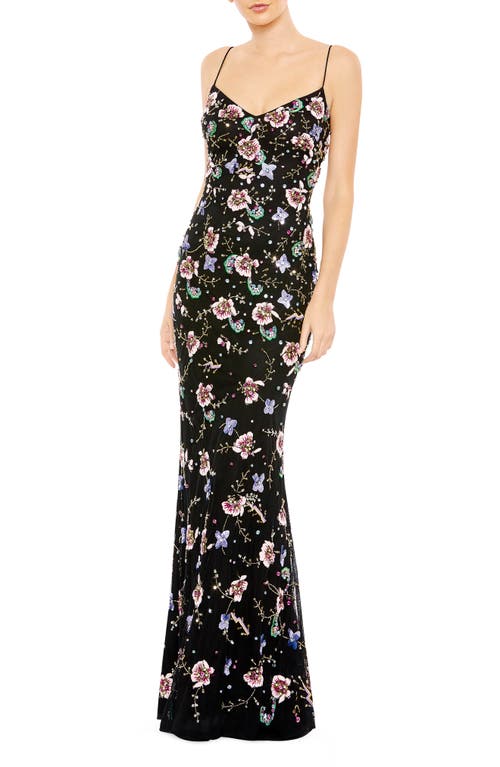 Mac Duggal Sequin Floral Corset Back Mesh Gown in Black Multi