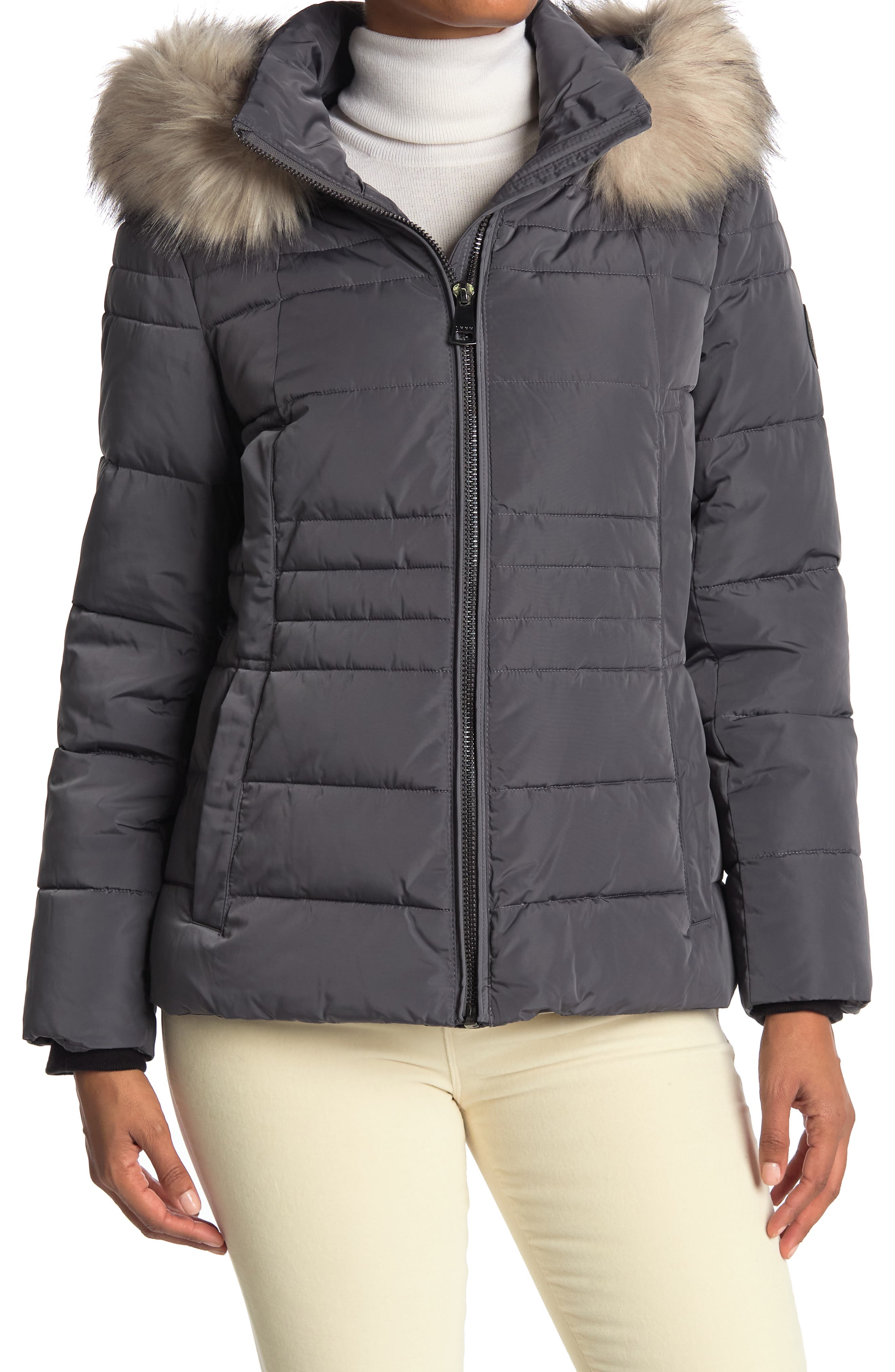 grey padded coat with fur hood