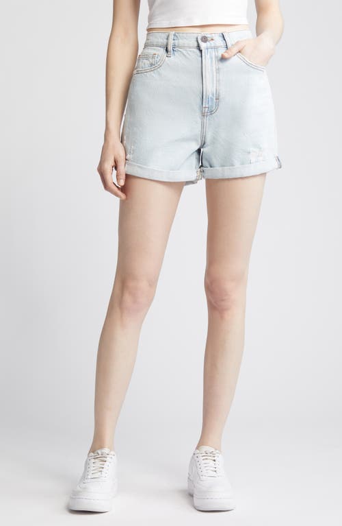 High Waist Rolled Cuff Denim Shorts in Light Wash