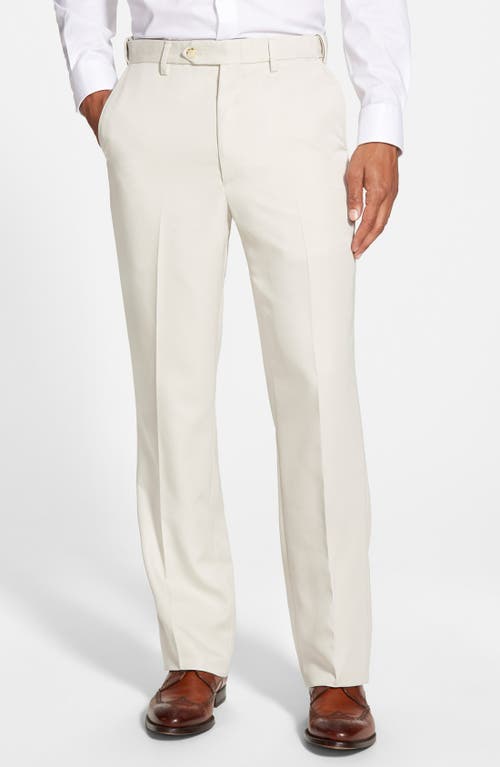 Berle Self Sizer Waist Flat Front Classic Fit Microfiber Trousers in Stone
