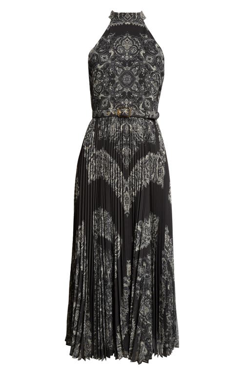 Zimmermann Sunray Belted Pleated Paisley-print Recycled Georgette Midi Dress In Black Paisley