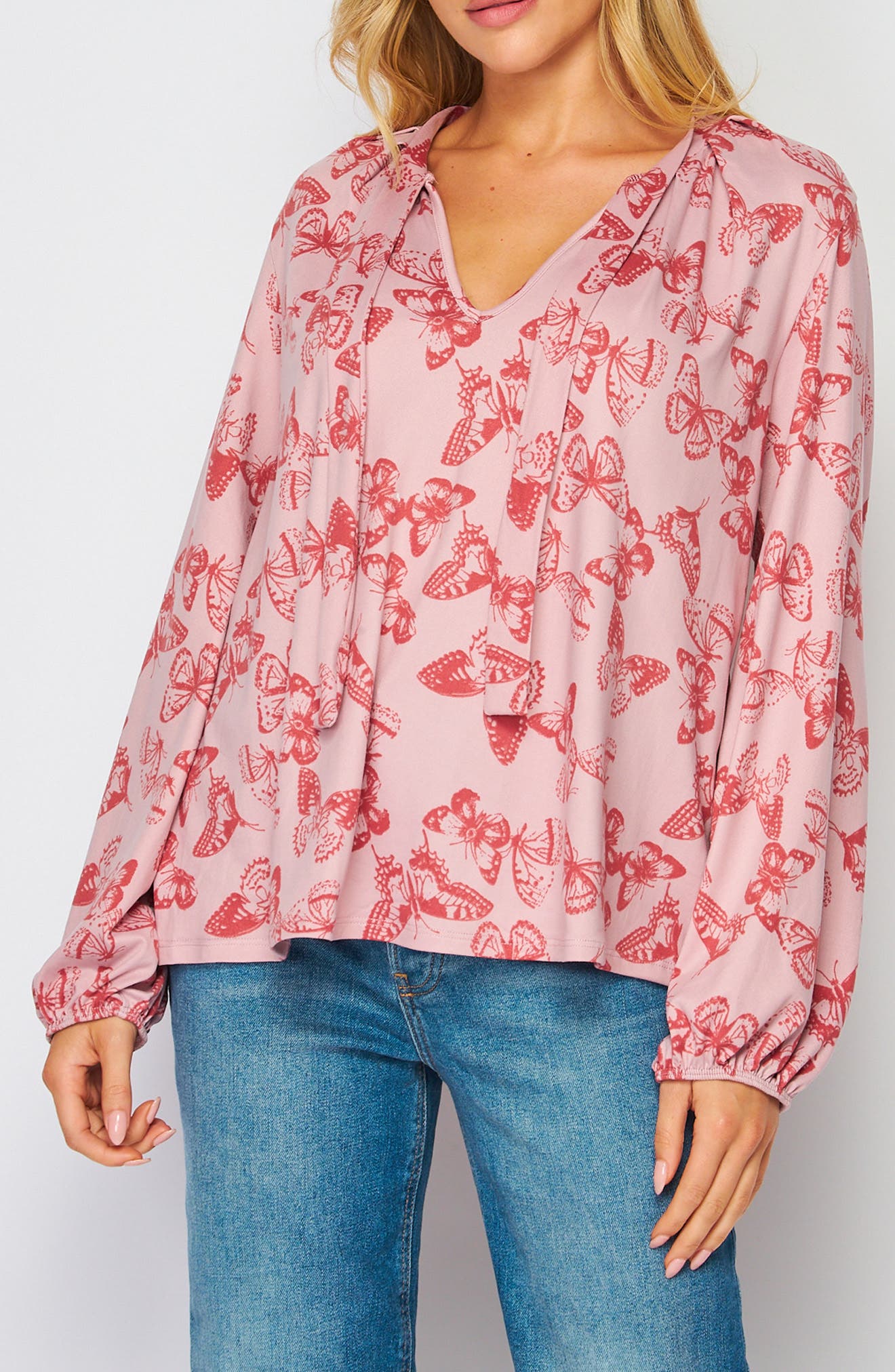 Bluegrey Poet Tie Front Long Sleeve Top In Dusty Rose