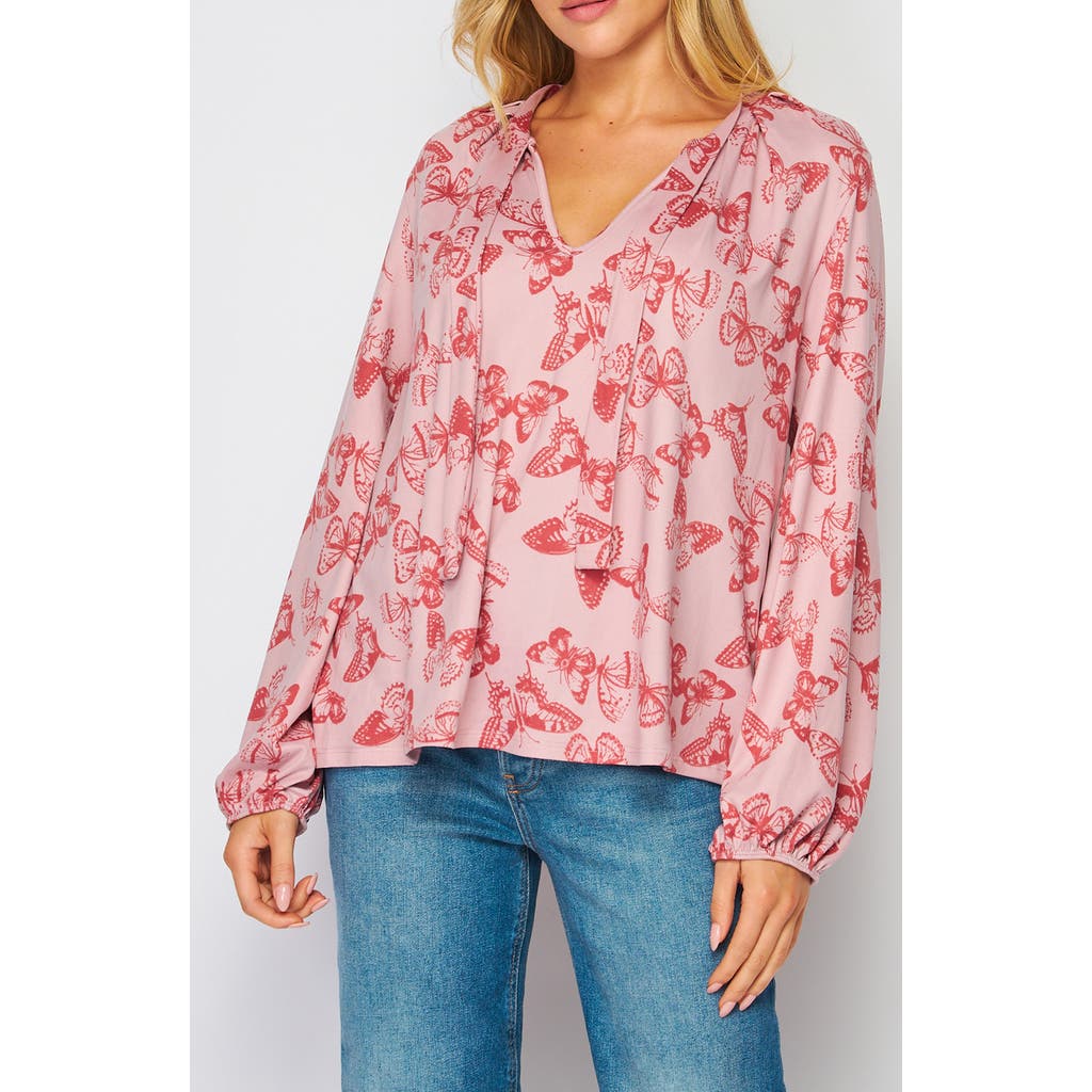 Bluegrey Poet Tie Front Long Sleeve Top In Dusty Rose