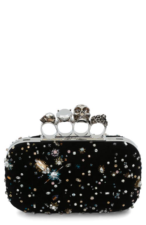 Alexander McQueen Skull Four Ring Celestial Embellished Suede Box Clutch in 1000 Black
