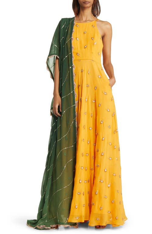 Shop Sani Nila Anarkali With Dupatta In Marigold/green Dupatta