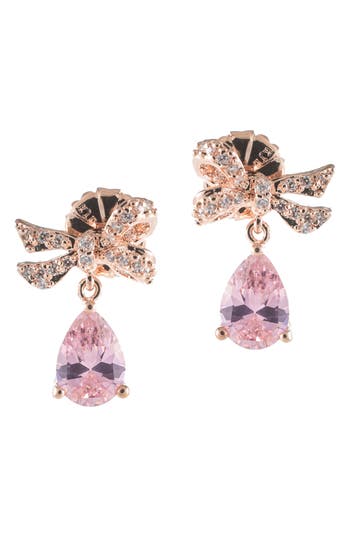 Shop Cz By Kenneth Jay Lane Cz Bow & Drop Earrings In Pink/rose Gold