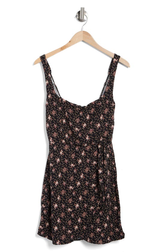Row A Square Neck Floral Print Wrap Minidress In Black Floral